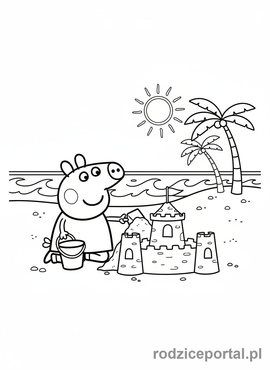 Kolorowanka Świnka Peppa - Peppa na plaży z wiaderkiem i łopatką