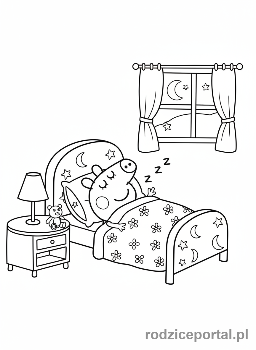 Kolorowanka Świnka Peppa - Peppa śpiąca spokojnie w łóżku