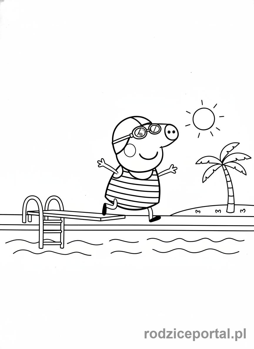 Kolorowanka Świnka Peppa - Peppa w stroju kąpielowym przy basenie