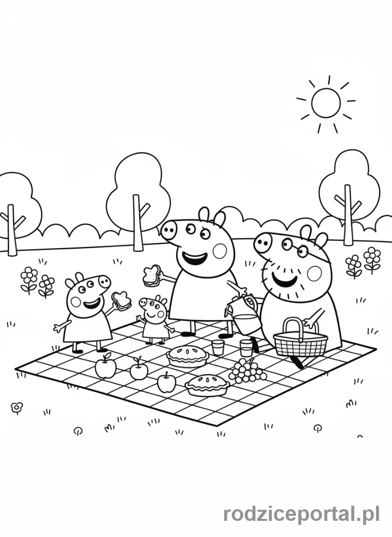 Kolorowanka Świnka Peppa - Rodzina Świnki Peppy na pikniku