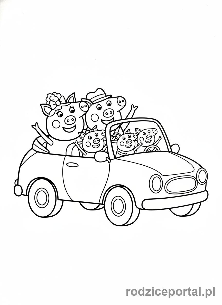 Kolorowanka Świnka Peppa - Rodzina Świnki Peppy w samochodzie