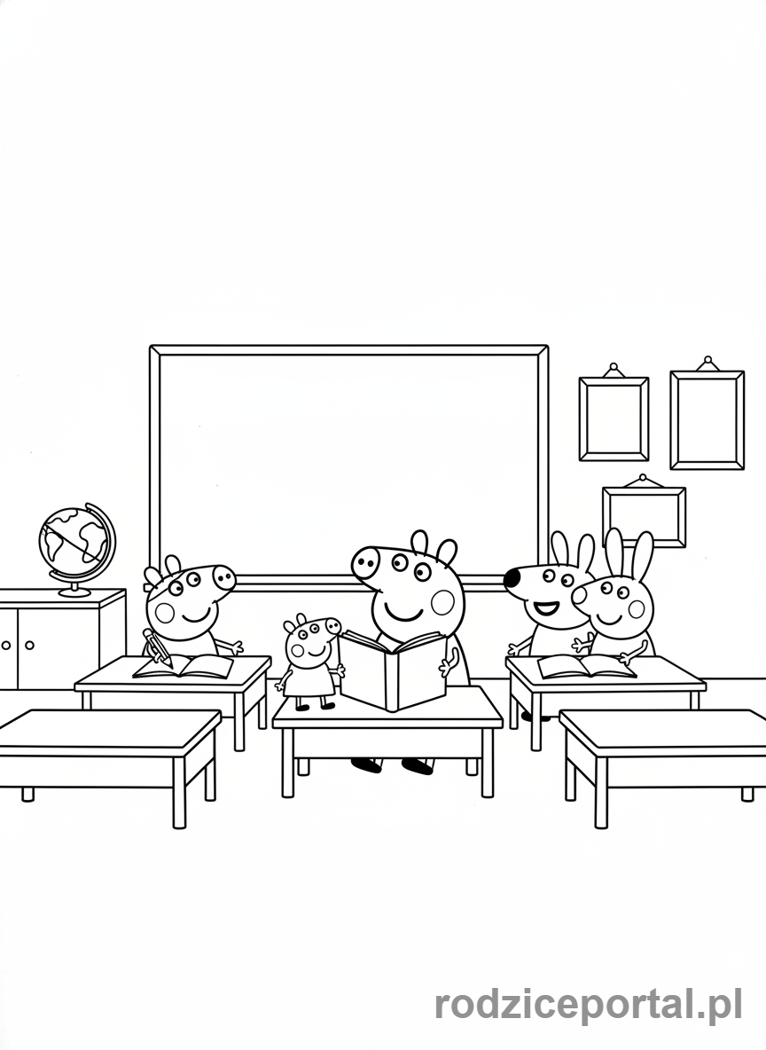 Kolorowanka Świnka Peppa - Świnka Peppa z przyjaciółmi w szkole
