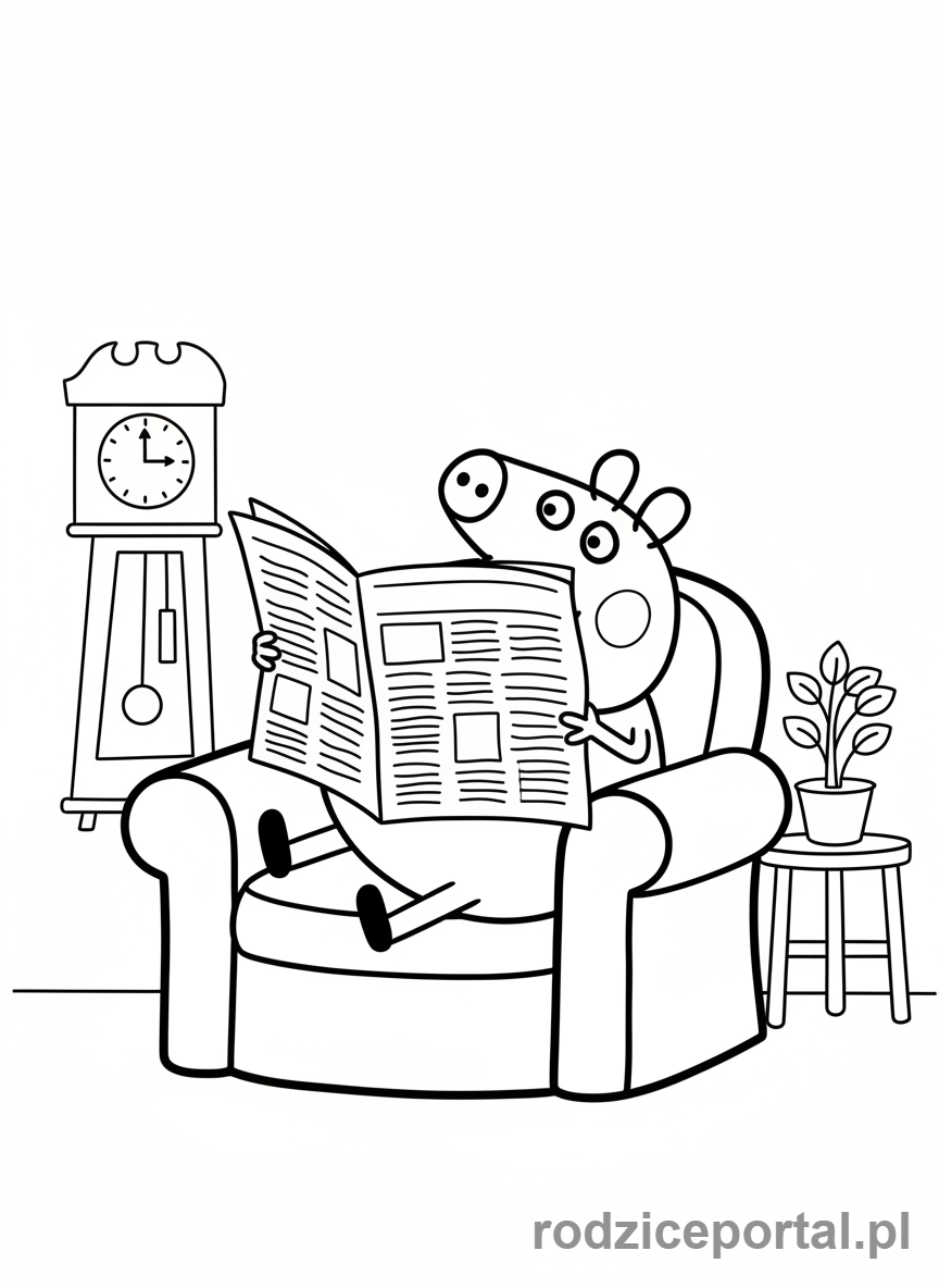 Kolorowanka Świnka Peppa - Tata Świnka czytający gazetę na krześle