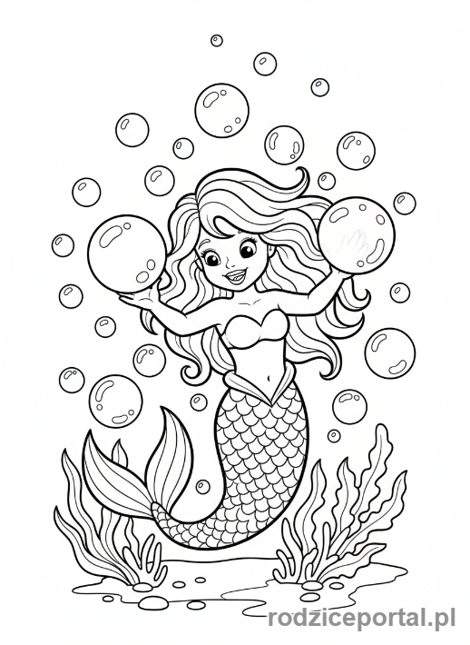 Kolorowanka Syrenka - Syrenka bawiąca się bańkami mydlanymi