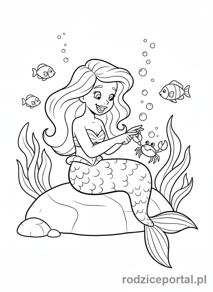 Kolorowanka Syrenka - Syrenka bawiąca się z krabem