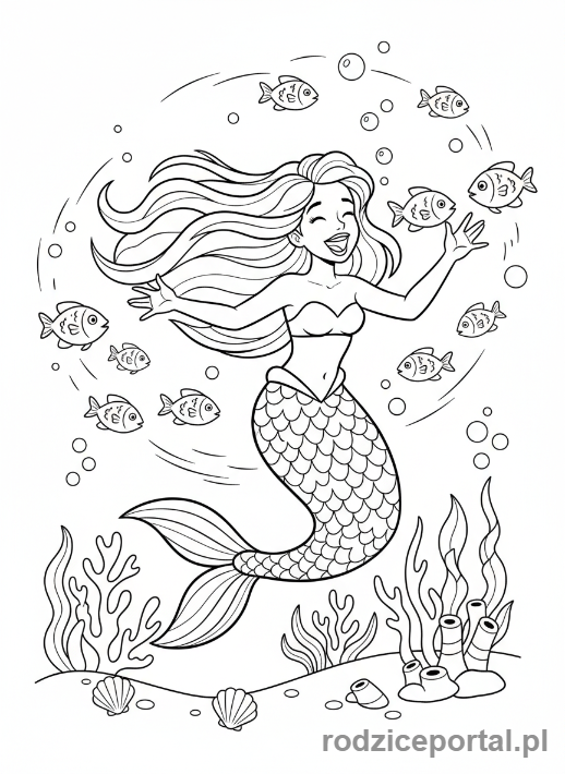 Kolorowanka Syrenka - Syrenka bawiąca się z rybkami