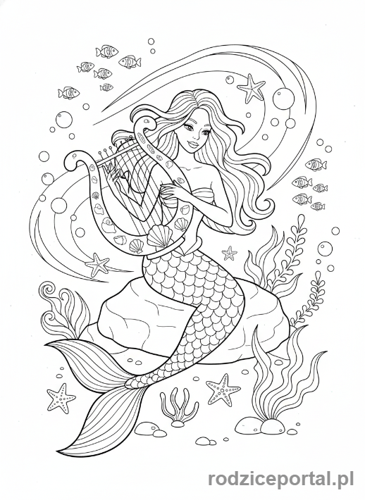 Kolorowanka Syrenka - Syrenka grająca na harfie