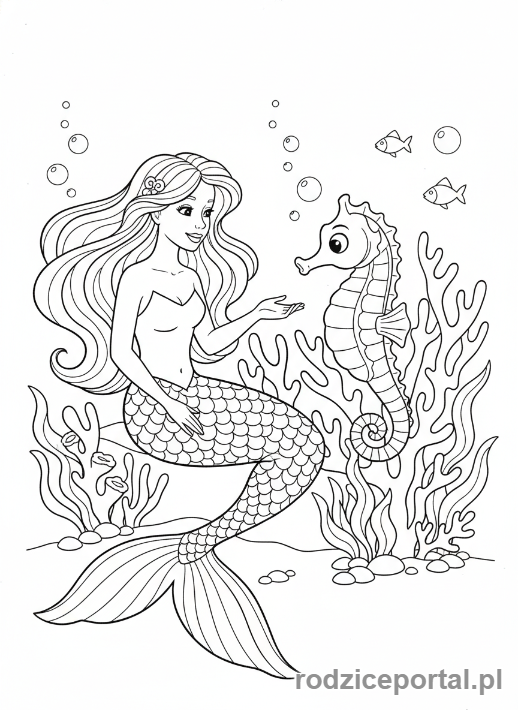 Kolorowanka Syrenka - Syrenka i ciekawski konik morski