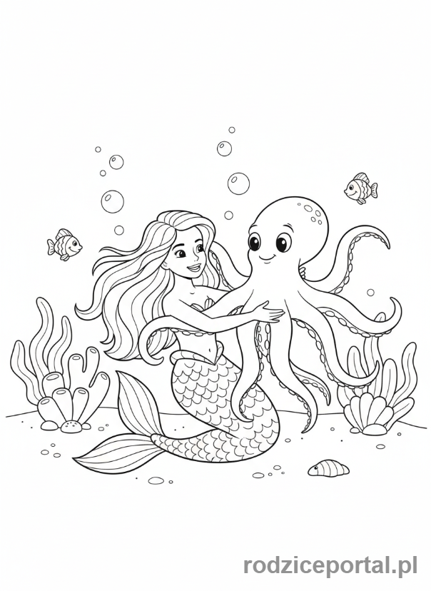 Kolorowanka Syrenka - Syrenka i przyjazna ośmiornica