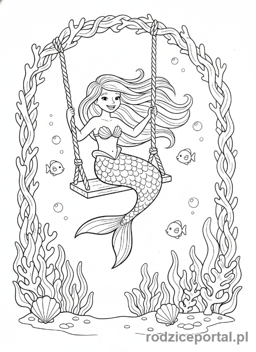Kolorowanka Syrenka - Syrenka na huśtawce z wodorostów