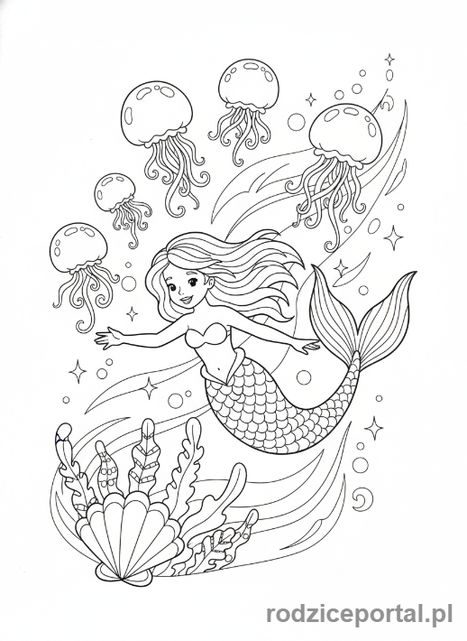 Kolorowanka Syrenka - Syrenka otoczona meduzami