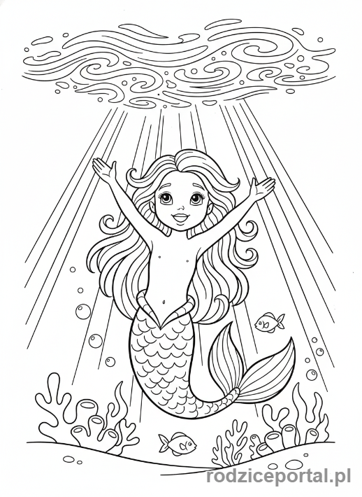 Kolorowanka Syrenka - Syrenka patrząca w stronę powierzchni
