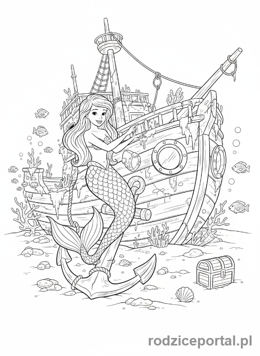 Kolorowanka Syrenka - Syrenka podziwiająca wrak statku