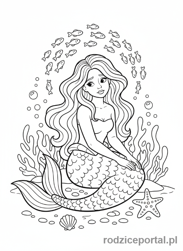 Kolorowanka Syrenka - Syrenka siedząca na dnie oceanu