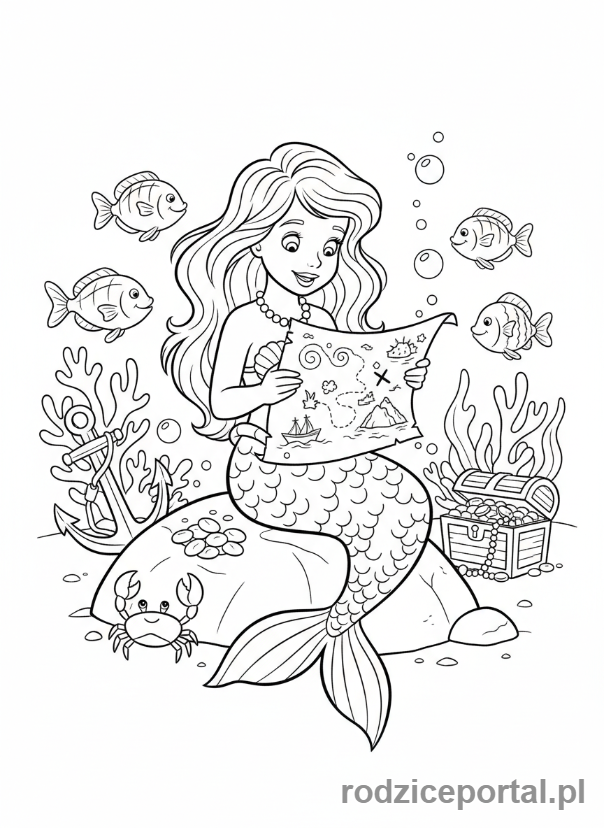 Kolorowanka Syrenka - Syrenka studiująca mapę skarbów