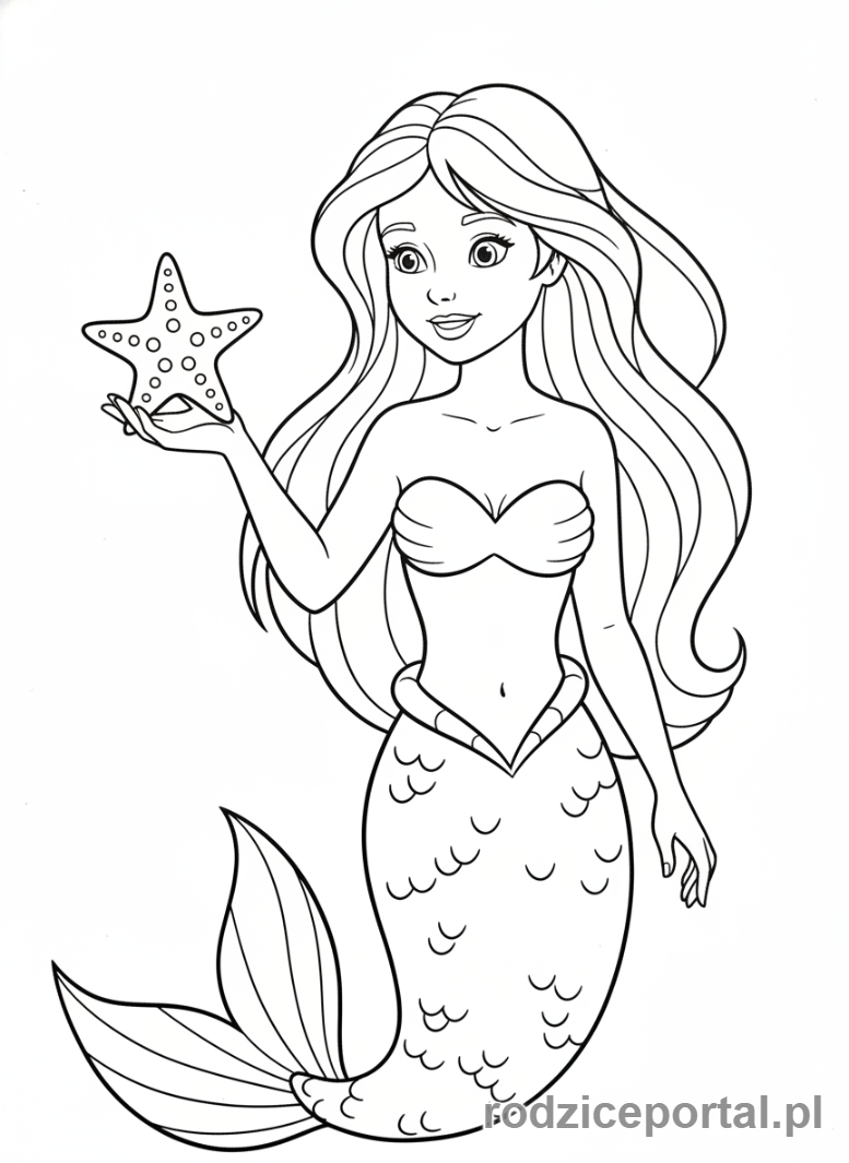 Kolorowanka Syrenka - Syrenka trzymająca rozgwiazdę
