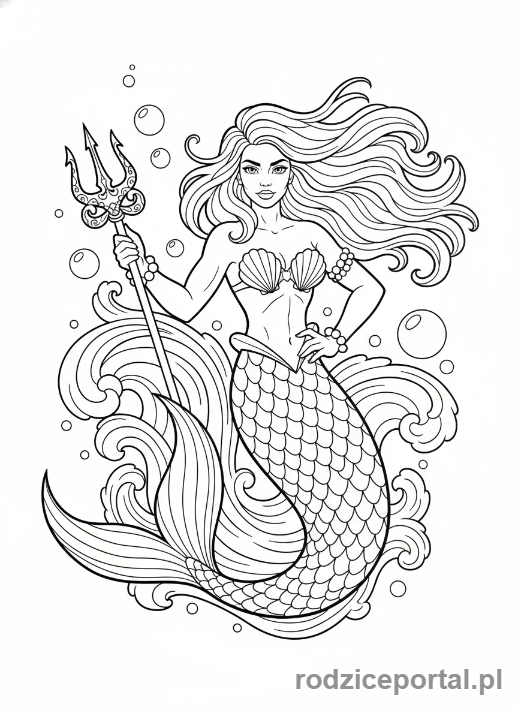 Kolorowanka Syrenka - Syrenka trzymająca trójząb