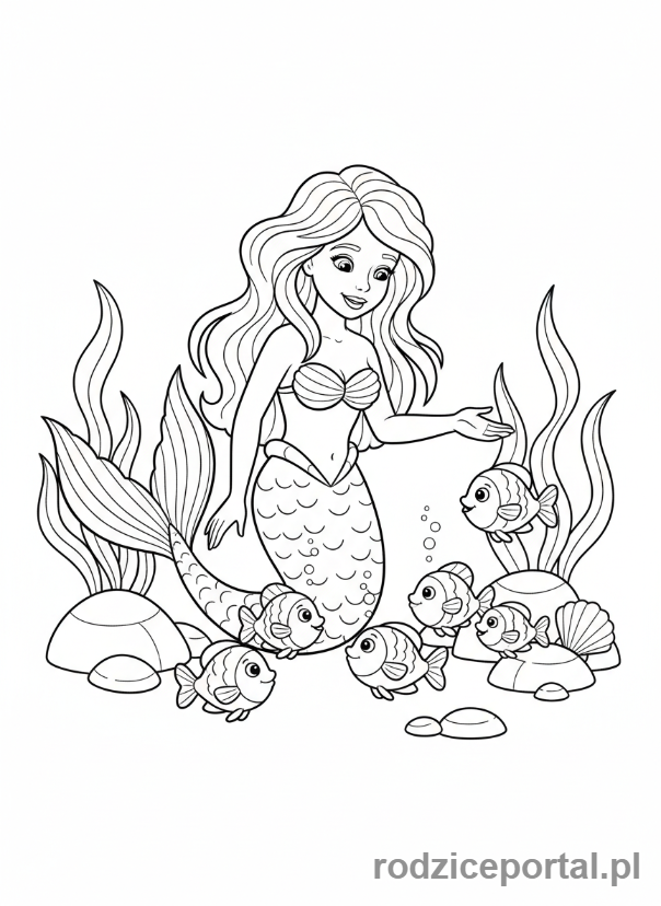 Kolorowanka Syrenka - Syrenka ucząca małe rybki