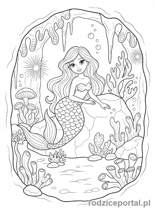 Kolorowanka Syrenka - Syrenka w podwodnej grocie
