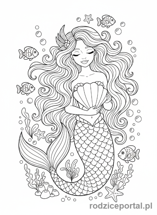 Kolorowanka Syrenka - Syrenka z długimi, falującymi włosami