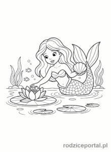 Kolorowanka Syrenka - Syrenka z lilią wodną na powierzchni