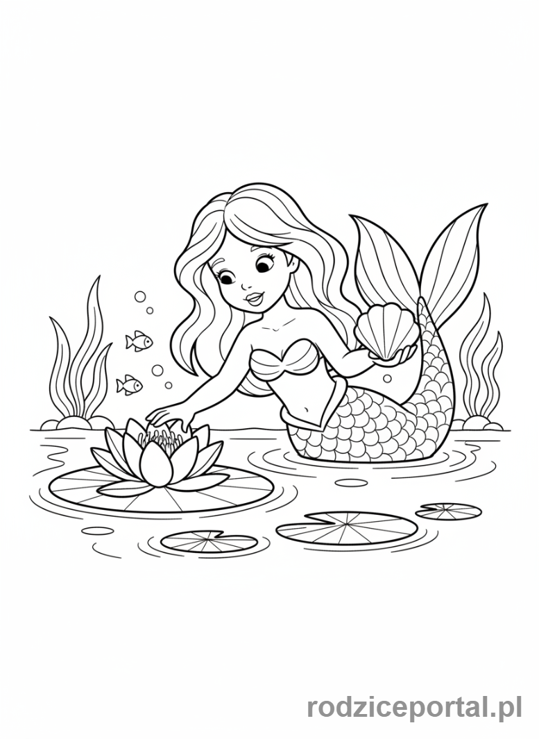 Kolorowanka Syrenka - Syrenka z lilią wodną na powierzchni