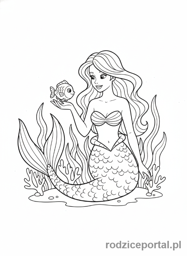 Kolorowanka Syrenka - Syrenka z małą rybką na dłoni
