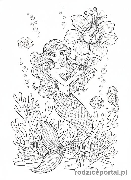 Kolorowanka Syrenka - Syrenka z morską rośliną kwitnącą