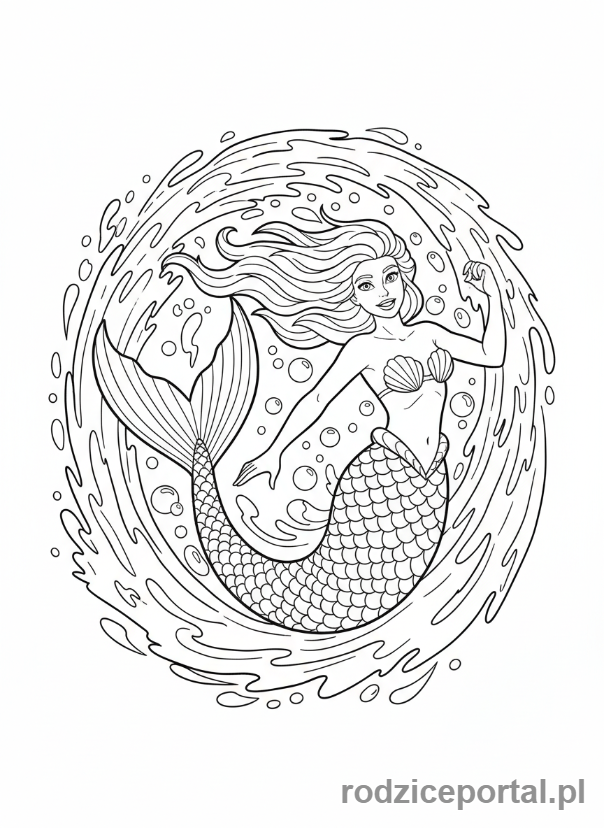 Kolorowanka Syrenka - Syrenka z potężnym ruchem ogona