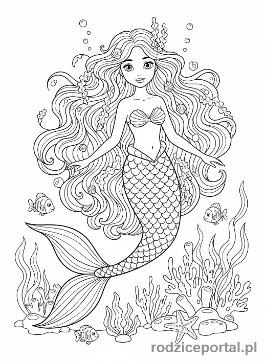 Kolorowanka Syrenka - Syrenka z wodorostowymi włosami