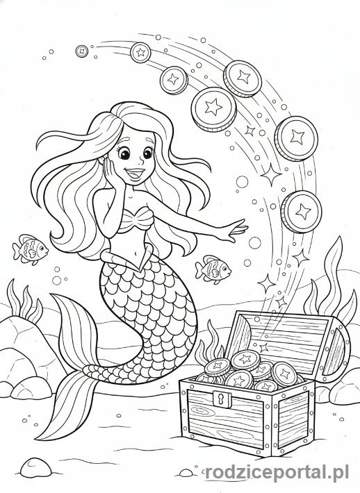 Kolorowanka Syrenka - Syrenka znajdująca skrzynię ze skarbami