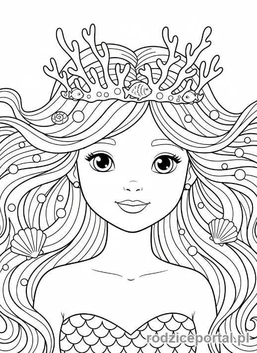 Kolorowanka Syrenka - Twarz syrenki z długimi włosami