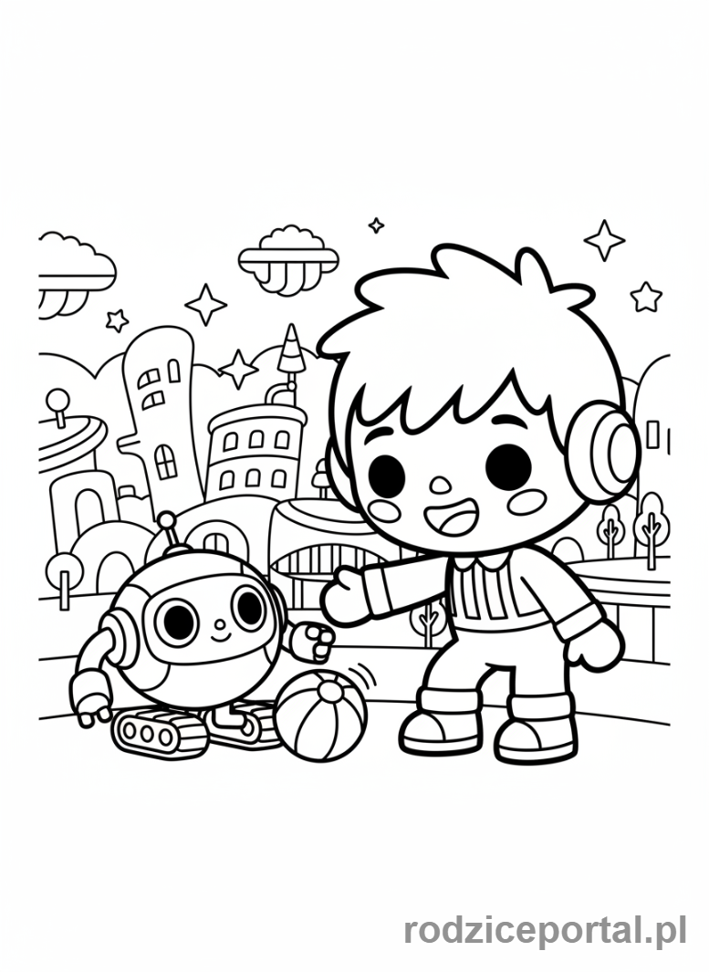 Kolorowanka Toca Boca - Postać Toca Boca bawi się z robotem