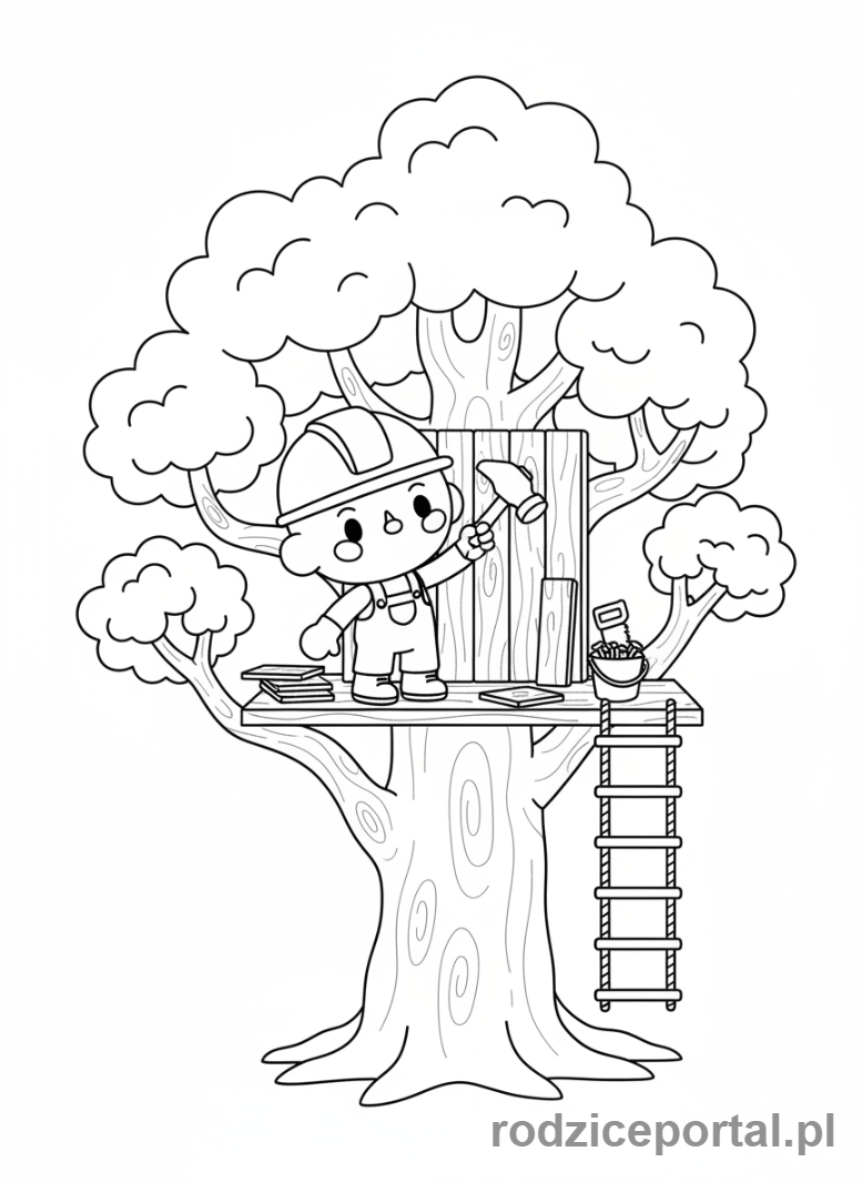 Kolorowanka Toca Boca - Postać Toca Boca buduje domek na drzewie