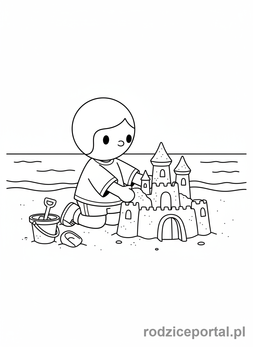 Kolorowanka Toca Boca - Postać Toca Boca buduje z piasku na plaży