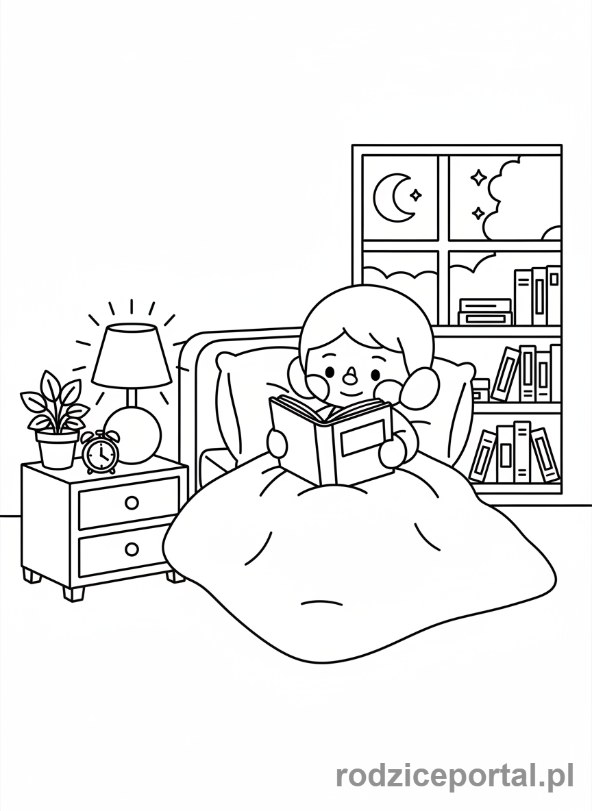 Kolorowanka Toca Boca - Postać Toca Boca czyta książkę w łóżku