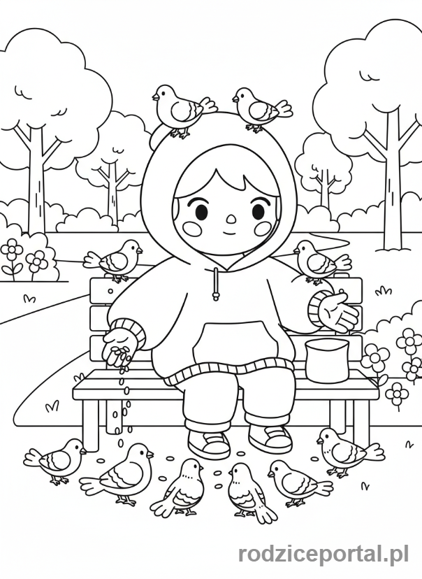 Kolorowanka Toca Boca - Postać Toca Boca karmi ptaki w parku