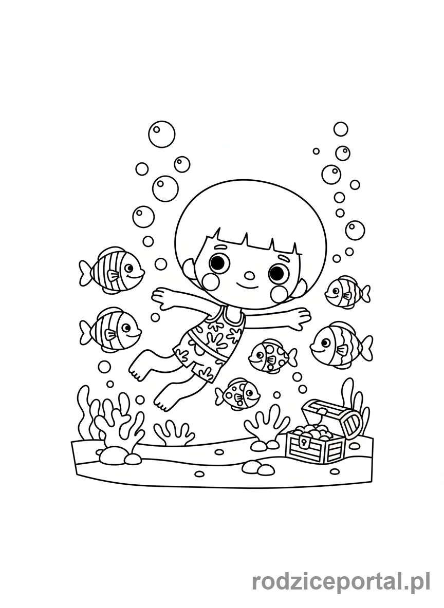 Kolorowanka Toca Boca - Postać Toca Boca nurkuje pod wodą z rybkami