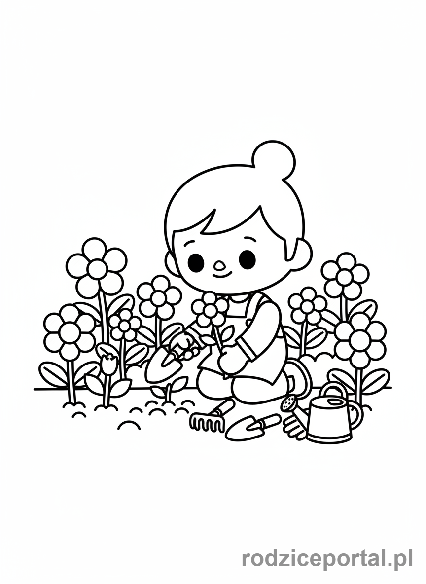 Kolorowanka Toca Boca - Postać Toca Boca sadzi kwiaty w ogrodzie