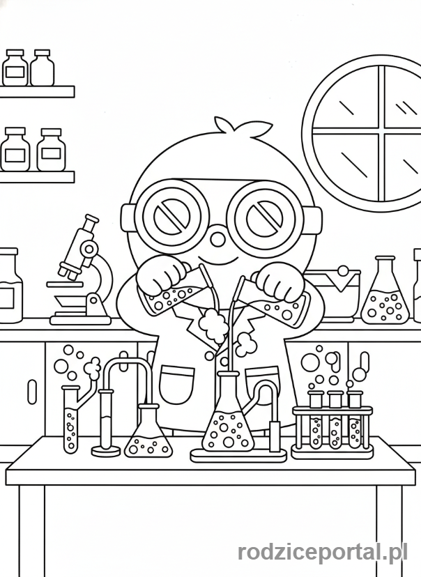 Kolorowanka Toca Boca - Postać Toca Boca w laboratorium, robi eksperyment