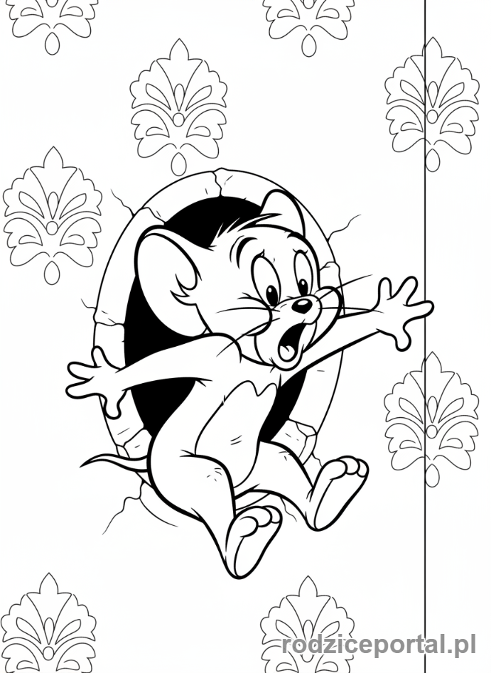 Kolorowanka Tom I Jerry - Jerry wyskakujący z dziury w ścianie