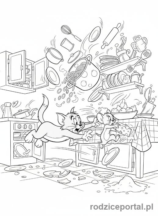 Kolorowanka Tom I Jerry - Scena pościgu Toma i Jerry'ego w kuchni