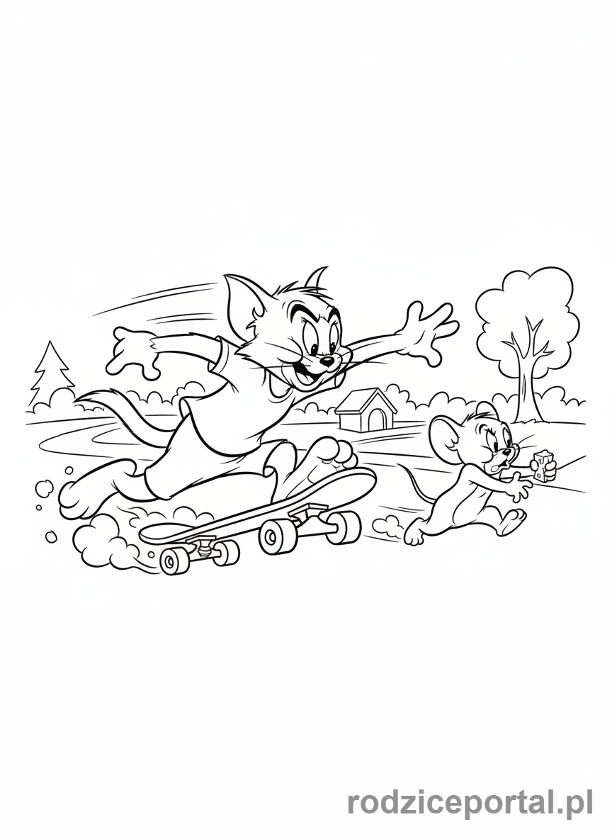 Kolorowanka Tom I Jerry - Tom goniący Jerry'ego z deskorolką