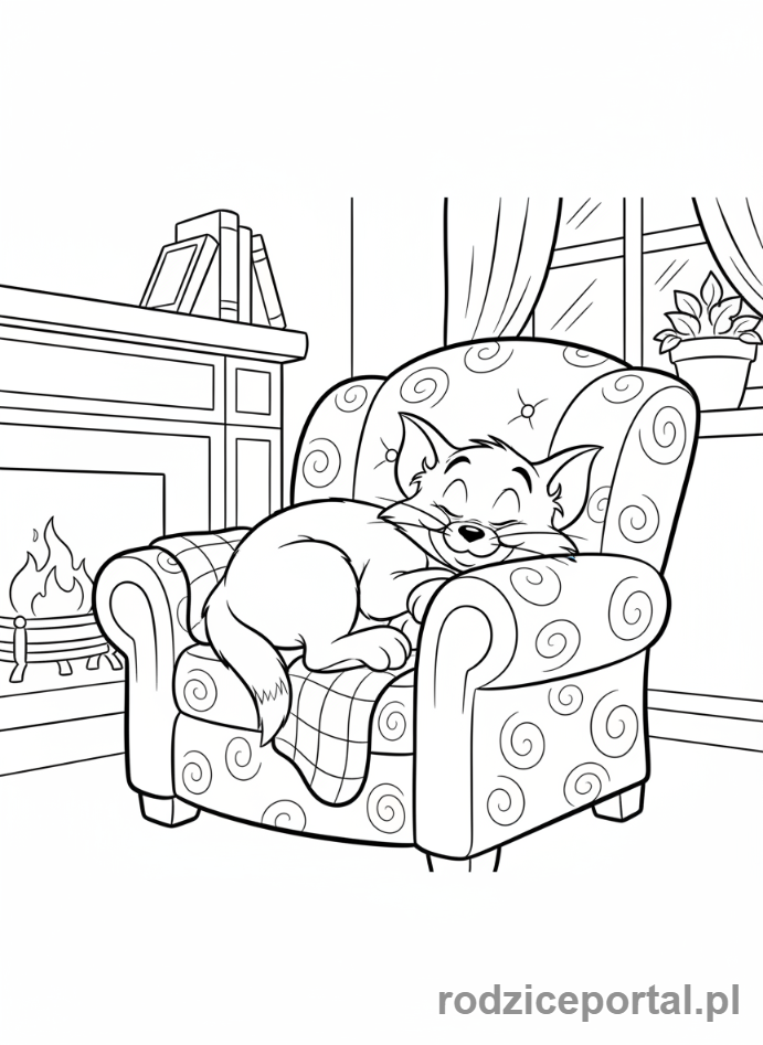 Kolorowanka Tom I Jerry - Tom śpiący w fotelu
