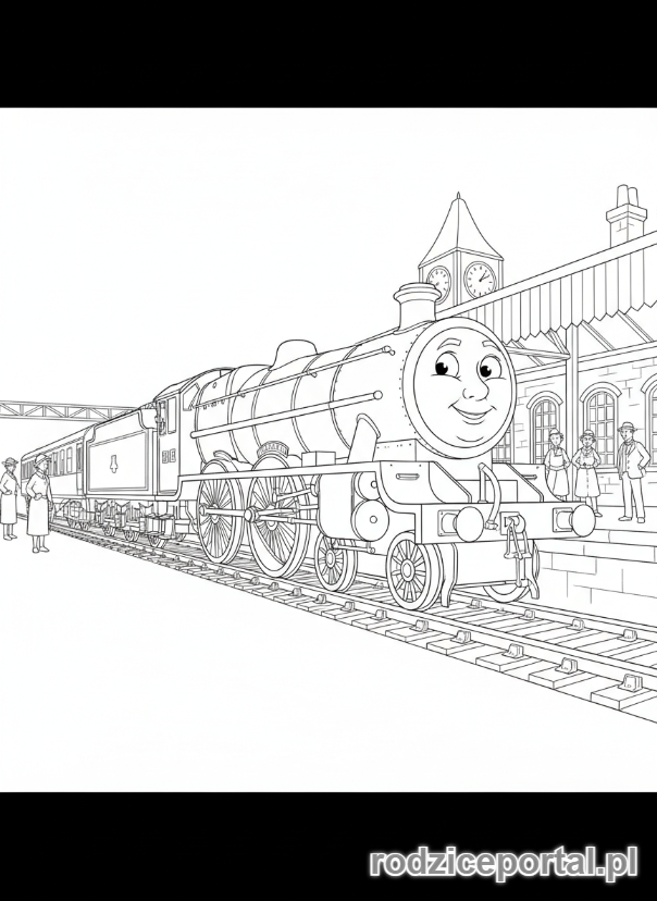 Kolorowanka Tomek I Przyjaciele - Emilka, elegancka lokomotywa, stoi na stacji.