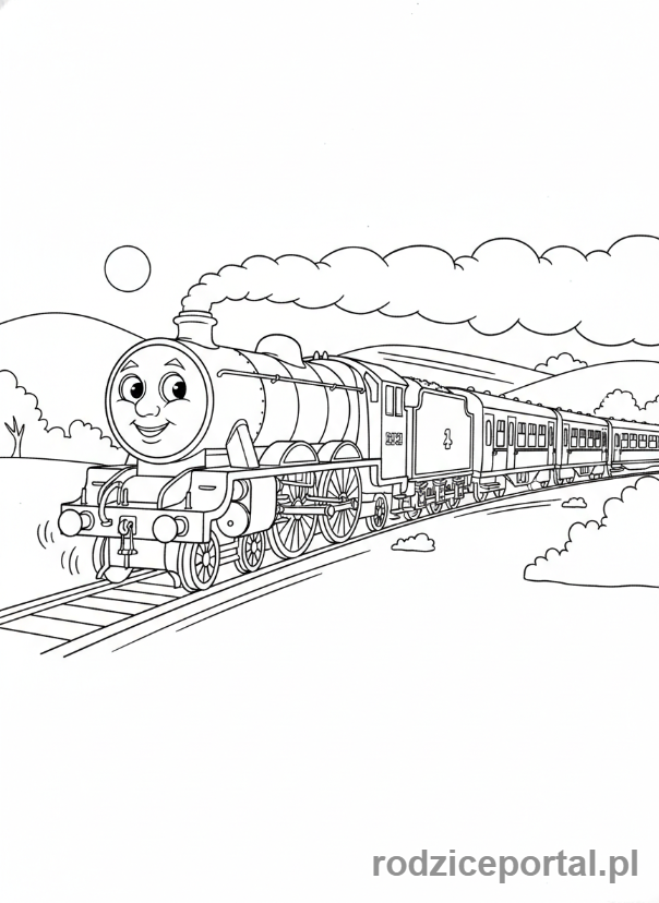 Kolorowanka Tomek I Przyjaciele - Gordon, duża lokomotywa, ciągnie pociąg pasażerski.