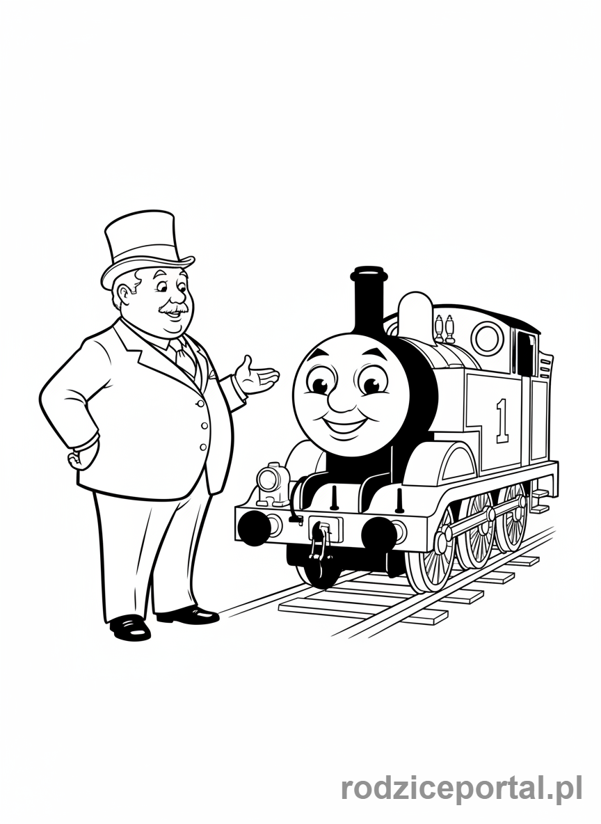 Kolorowanka Tomek I Przyjaciele - Gruby Zawiadowca rozmawia z lokomotywą.