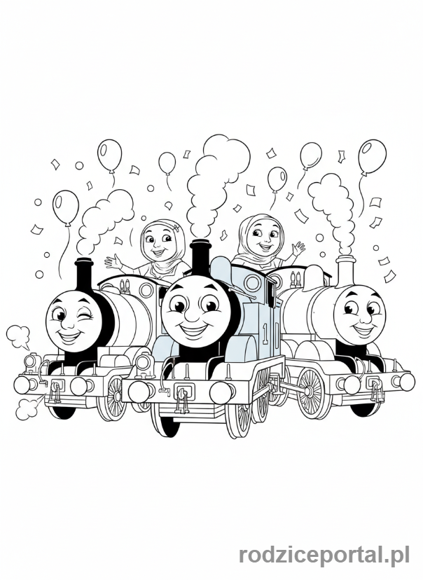 Kolorowanka Tomek I Przyjaciele - Grupa lokomotyw świętuje.