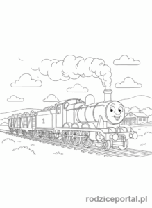 Kolorowanka Tomek I Przyjaciele - Kuba, czerwona lokomotywa, ciągnie wagony.