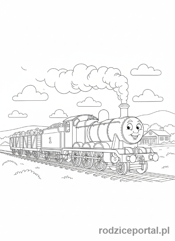 Kolorowanka Tomek I Przyjaciele - Kuba, czerwona lokomotywa, ciągnie wagony.